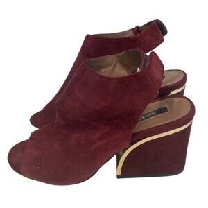 Kensie Elmira Red Wine Suede Open-Toe Block Heel With Gold Accent Sz 7 Comfort F